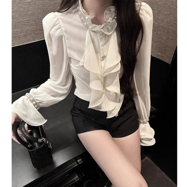 Elegant Chiffon Ruffle Top with Rhinestone Embellishment - White Shirt for Women - Casual Chic Style - Asian Korean Japanese Fashion