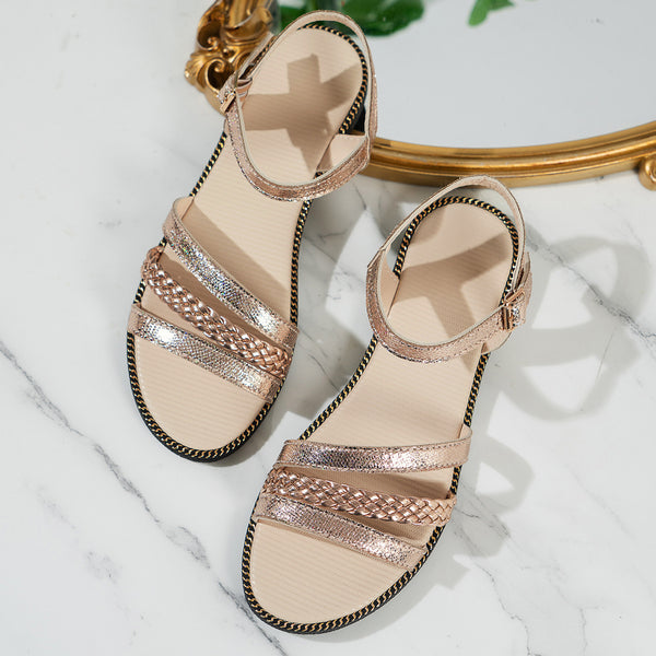 Chic Roman Style Plus Size Women's Sandals with Buckle Strap in Sparkling Champagne, Fish-Mouth Toe Holder Shape, PU material.
