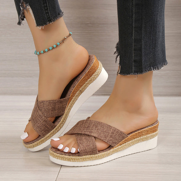 Plus Size Platform Wedges: Cross Belt Peep-Toe Slippers in Black Camel Apricot: Comfortable Women's Shoes for Versatile Style