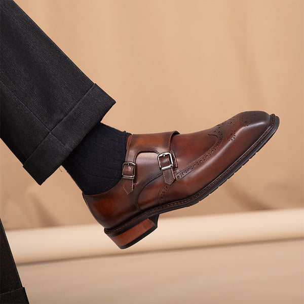 Elegant British Style Leather Square Toe Shoes in Black and Brown - Buckle Closure, Durable Cowhide, Carved Flowers - Men's Luxury Footwear