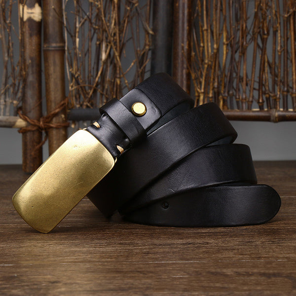 Men's Leather Belt Black Copper Buckle Plain Pattern 3.3CM Wide 4.5MM Thick - Top Layer Cowhide Material - Smooth Buckle - Multiple Colors - Length Options - Fashion Accessory