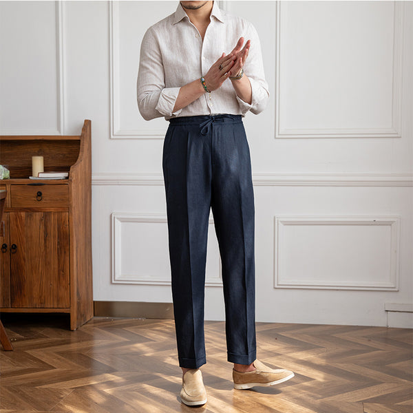 Chic Linen Drawstring Pants in Navy Blue or Khaki, High-Waist Comfortable Fit, Straight Cut Casual Wear, 100% Linen Fabric