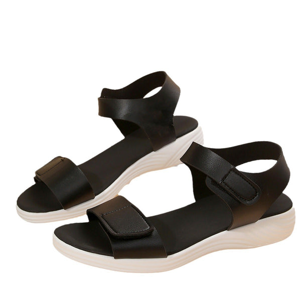 Summer Beach Sandals with Low Heel in White, Black, Light Brown - Women's Stylish Footwear with Velcro Fastening & Rubber Sole