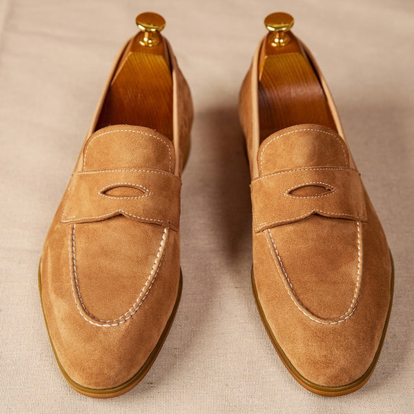 Comfy Slip-On Suede Shoes in Rich Brown Leather, Square Toe, Thick Heels, Durable Rubber Sole