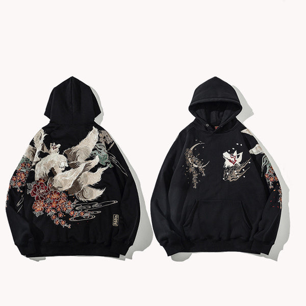 Men's Embroidered Hooded Top with Nine-tail Fox Motif, Black - Trendy and stylish hoodie for teens and young adults in high-quality cotton.
