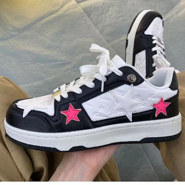 Fashionable Thick Bottom Board Shoes in Black and Pink - Stylish Sports Sneakers with Lace-up Design, Rubber Soles, PU Leather Stitching