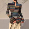Chic Striped Pullover Top with Stand Collar & Cross Hem, Button Detail & Slim Fit, Medium Length, Bright Colors, Sizes S-XXXL