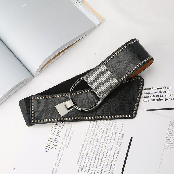 Chic Adjustable Elastic Rivet Belt for Women - Black PU Leather Alloy Buckle - Fashion Waist Accessory - Women's Belt
