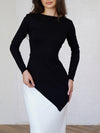 Elegant Black Long-Sleeve Top with Asymmetric Hem, Slim Fit, High Elasticity - Chic Women's Daily Wear Top