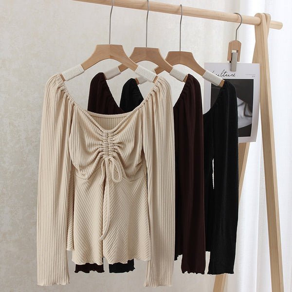 Elegant Chinese Knit V-Neck Drawstring Top in Slim Fit, Brown Dark Gray Beige Colors, Raglan Sleeve - Women's Fashion
