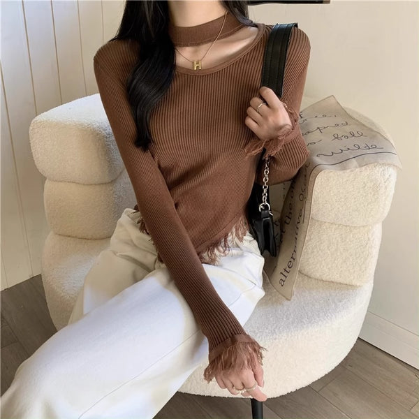 Women's Slim-Fit Halter Tassel Sweater in Radiant White - Winter Essential for Chic Style