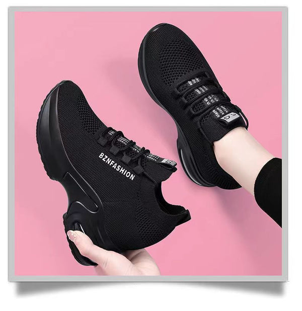 Women's Air Cushion Sports Shoes with Height Increasing Insole in Black and White - High Wedge Heels, Fly Woven Mesh Upper, Dad Shoes