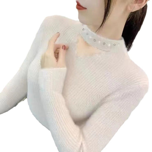 Stylish Lace Collar Rhinestone Pullover Sweater in White, Blue, Pink, Apricot, Black