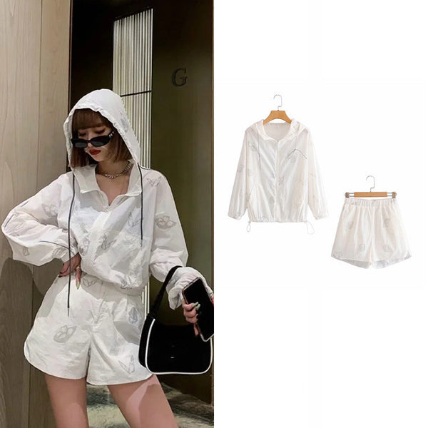 Reflective Butterfly Print Two-Piece Set with Hoodie and Shorts for Women - Athletic Outdoor Street Style Fashion