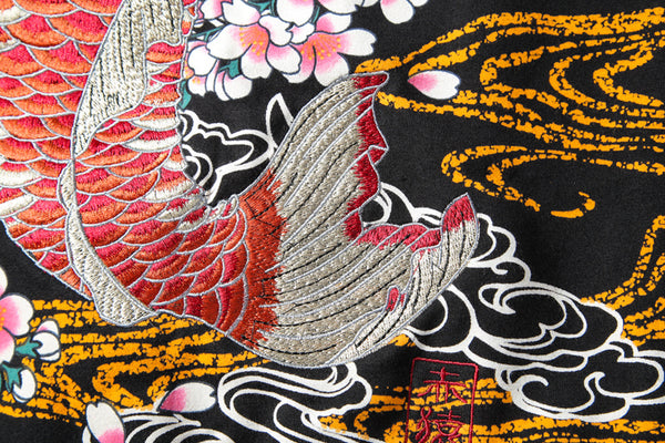 Premium Koi Fish Embroidered Hoodie Cardigan in Classic Black - Cotton, Comfort Fit - Sizes M-3XL - Zipper Closure.