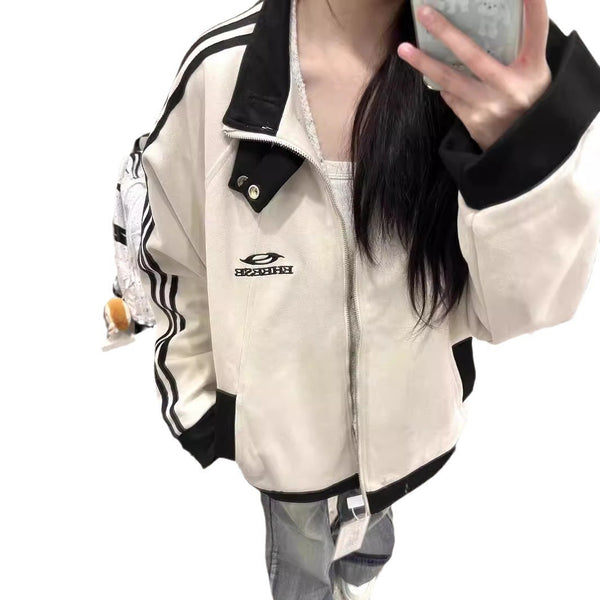Trendy College-Style Loose-Fit Baseball Jacket for Women - Design-Savvy Polyester Outerwear