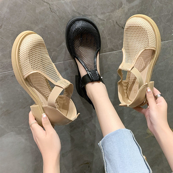 Elegant Women's Mesh Mary Jane Sandals in Black and Apricot - Korean Style, Comfortable All Season Shoes