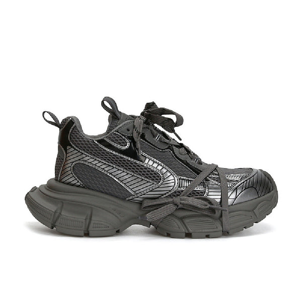 Classic Casual Sneakers 'Raise The Bottom' in Leather - Gray Silver Color Option, Cross Strap Design, Polyurethane Sole, Daddy Shoes