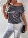 Chic Off-Shoulder Sequin T-Shirt for Ladies - Shimmering Silver Grey Polyester Top - Stripes/Plaid Pattern - S to XL Sizes - Elegant Party Wear
