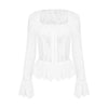 White Lace Bell Sleeve Square-Neck Top, Elegant and Versatile Women's Fashion Top with Crocheted Flower Design