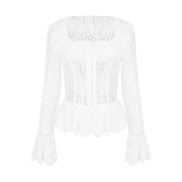 White Lace Bell Sleeve Square-Neck Top, Elegant and Versatile Women's Fashion Top with Crocheted Flower Design