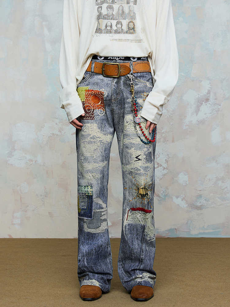 Digital 3D Printing Hole Patch Straight Micro-pull Printed Jeans