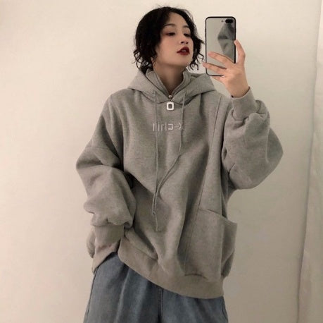 Chic Korean-Style Embroidered Women's Hoodie with Velvet Lining in Gray and Yellow