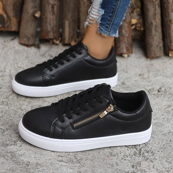 Chic Ladies Large Size Flat Sneaker in Black or White with Cotton Lining and Side Zipper