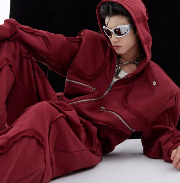 Chic Red Hooded Tracksuit Jacket for Men - Athleisure Streetwear with Deconstructed Design and Comfortable Polyester Material