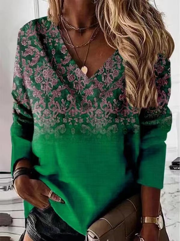 Chic Retro V-Neck Women's Long-Sleeve T-shirt in 3D Prints