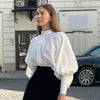 White Puff Sleeve Blouse with Stand-up Collar, Lantern Sleeves, Polyester Fabric - Elegant Women's Fashion Top for Office and Casual Wear