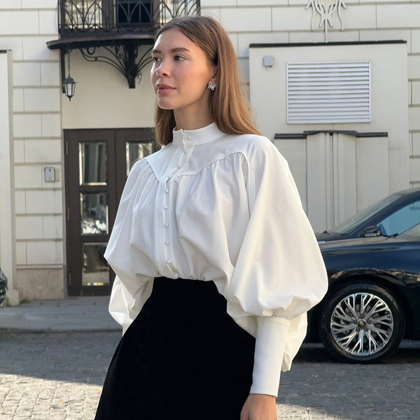 White Puff Sleeve Blouse with Stand-up Collar, Lantern Sleeves, Polyester Fabric - Elegant Women's Fashion Top for Office and Casual Wear