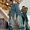 Vintage Star Design High-Waist Slim-Fit Jeans in Dark Blue Distress Style