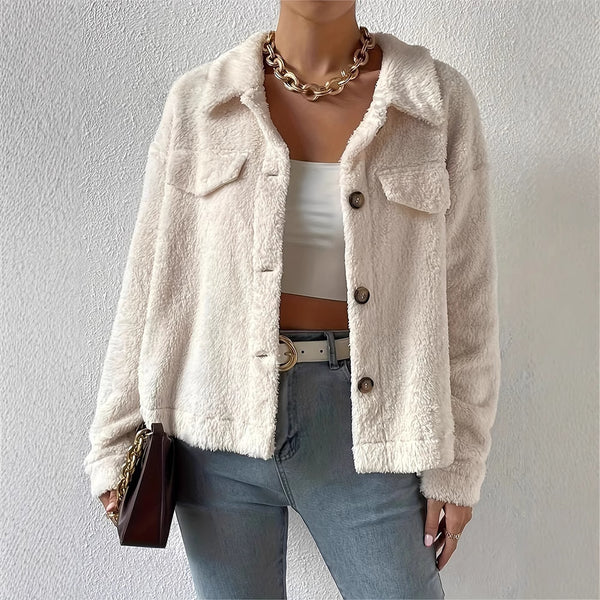 Chic White Velvet Lapel Woolen Coat, Japanese Korean Style, Polyester Fiber, White Woolen, Sizes S to XL