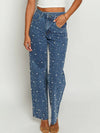 Beaded Cross-Waist Frayed Hem Blue Jeans for Women