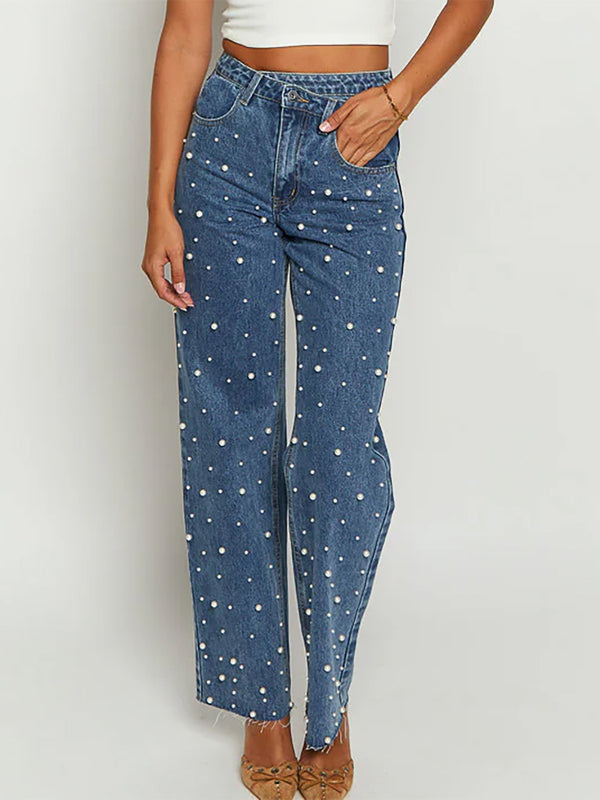 Beaded Cross-Waist Frayed Hem Blue Jeans for Women