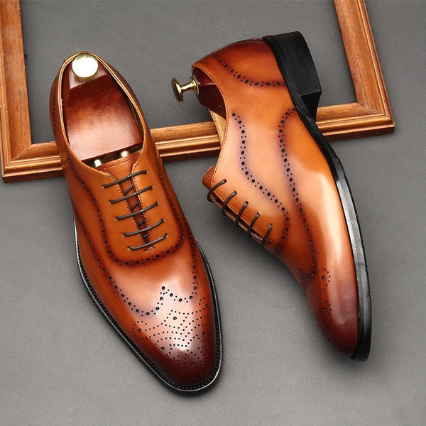 Men's British-Style Lace-Up Leather Shoes - Black/Brown, Formal & Breathable, Genuine Cowhide, Pointed Toe, Business Attire