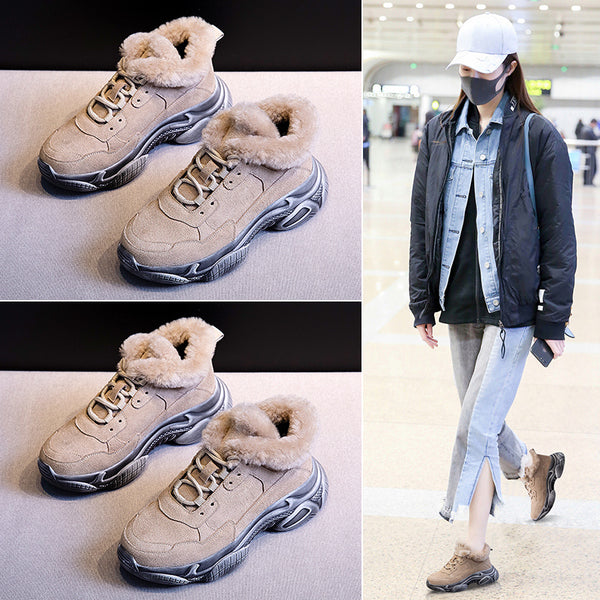 Cozy Winter Women's Thermal Leather Shoes in Black and Khaki - Warm, Plush-Lined Footwear for Winter Comfort.