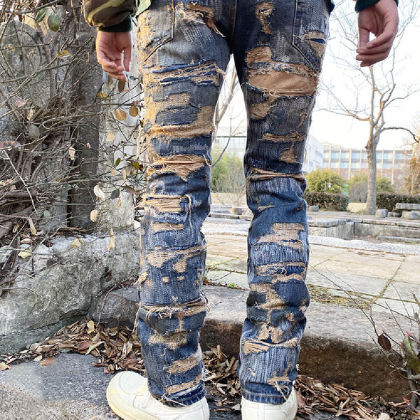Fashionable Distressed Denim Jeans in Blue and Black with Tassels - Urban Style, High Street Fashion - Premium Quality, Mid-Waisted Jeans