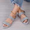 Comfy Oversized Flat-Bottom Slippers in Light Brown and Silver - Stylish and Comfortable Casual Footwear with Sequins and Hollowed-out Patterns for Everyday Wear.