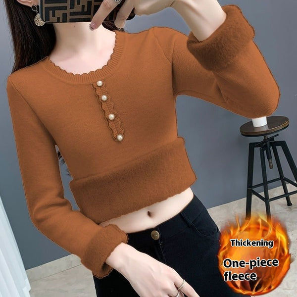 Fleece-Lined Round Neck Sweater in Various Colors - Women's Winter Fashion Essential