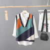 Stylish Contrast Color V-Neck Women's Sweater in Acrylic Polyester Blend, Free Size Option for Various Occasions.