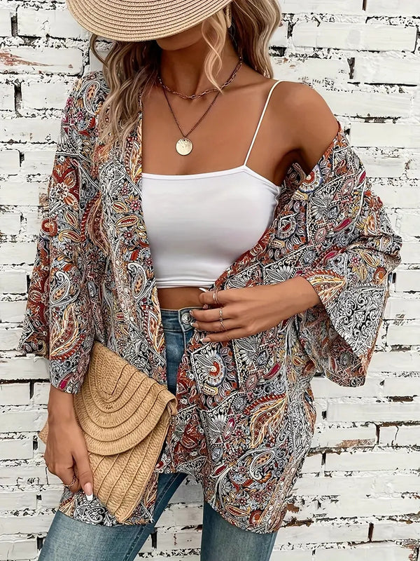 Ethnic Floral Print Bohemian Shirt with Unique Button Feature