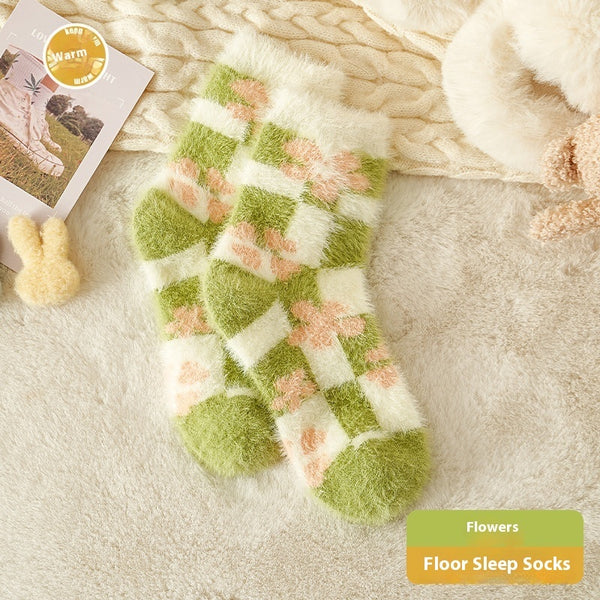 Women's Fun Cartoon Mink Fur Animal Sleep Socks in Frog, Dinosaur, Flower, and Duck designs. Cozy winter nightwear.