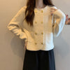 Chic Double-Breasted Knitted Cardigan in Solid Colors, Beige{},Red{},Pink{},Khaki{},Black{},Medium-Thick Polyester Fabric.