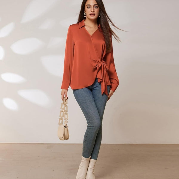 Elegant Lace-up Long Sleeve Shirt in Milk Silk - Waist-Trimming Trendy Top, Various Colors - S-XXL - Women's Fashion
