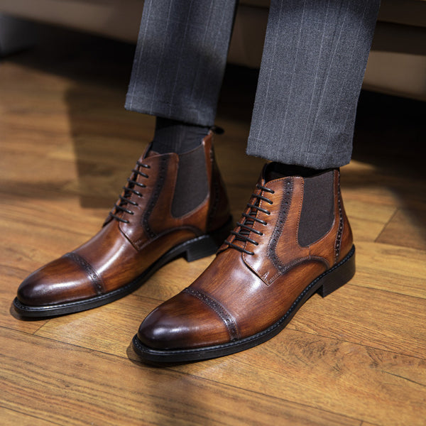 Men's Retro Martin Boots in Authentic Autumn-Winter Leather - Classic Black/Yellow-Brown, Cowhide Leather, Mid-heel, Handmade Shoes
