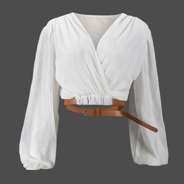 Street-Chic Lantern Sleeve Top in White or Black, Loose Waistband & Stripes Details, Lightweight Polyester Fabric