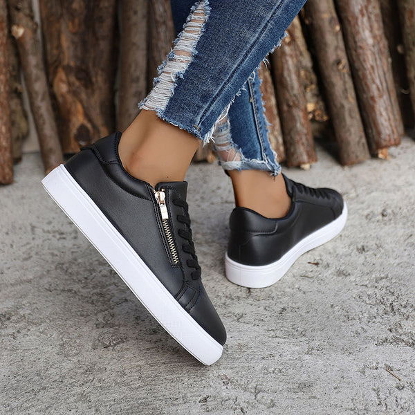 Chic Large Size Flat Sneaker in Black or White - Cotton Lined, Synthetic Leather, Round Toe, Side Zipper - Fashion Sneakers for Women