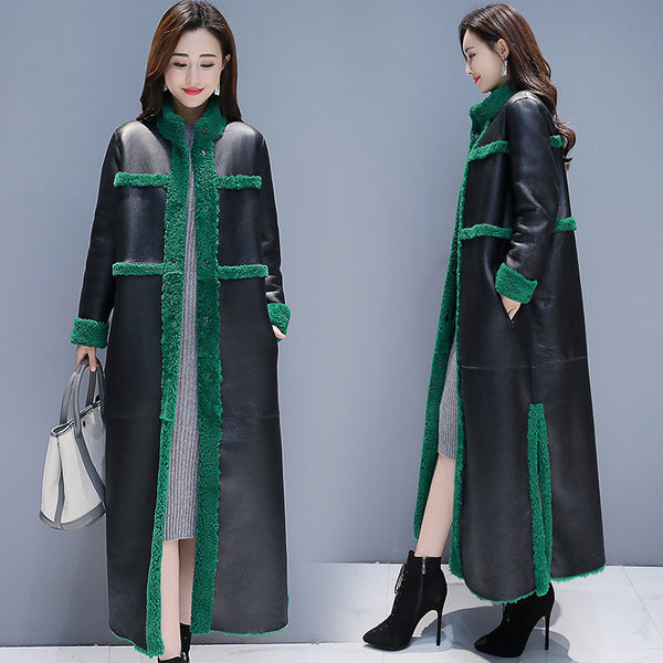 Women's Fleece-Lined Lamb Wool Long Coat in Attractive Color, Winter Fashion Slim Fit Jacket